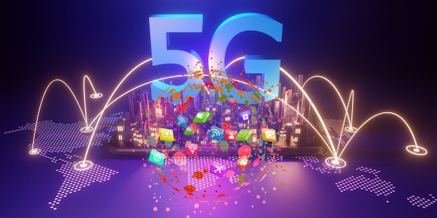 Concept Internet haut débit 5G, technologie sans fil réseau 5G sur fond de ville, rendu 3d