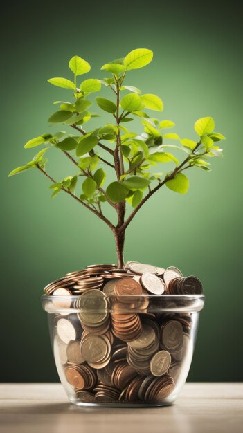 Concept d'investissement Monnaies dans un pot de verre avec un arbre sur fond vert