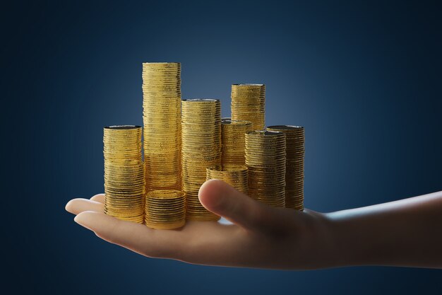 Concept d'investissement en or avec rendu 3d main tenant une pile de pièces d'or