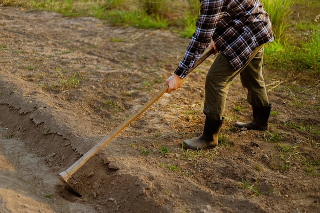 Concept de jardinage un agriculteur utilisant une houe creusant le sol pour faire des potagers se préparant à faire pousser les plantes.