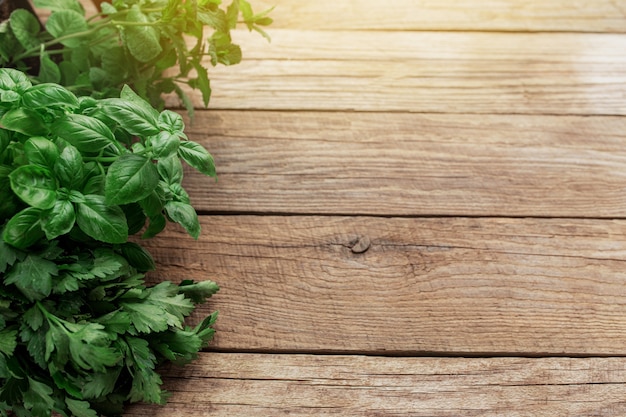 Concept de jardinage et d'alimentation saine avec différentes herbes et feuilles de salade sur fond de bois