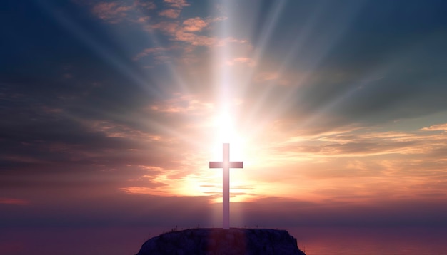 Le concept de Jésus-Christ croix blanche sur le fond du ciel au coucher du soleil génère ai