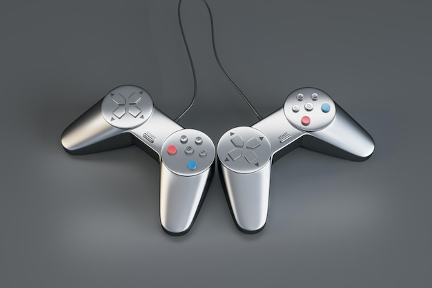 Concept de jeu et de divertissement partenaire avec deux joysticks modernes argentés sur fond gris abstrait rendu 3D