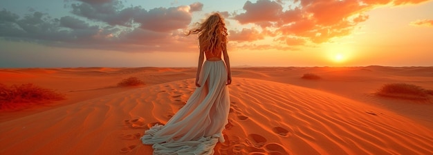 Photo le concept d'une jeune fille séduisante vêtue d'une robe dans un désert de sable idée de la reine du désert