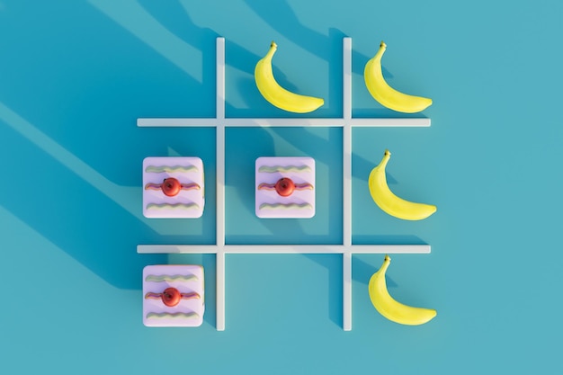 Le concept de jouer au tictactoe avec des bananes et des gâteaux rendu 3D