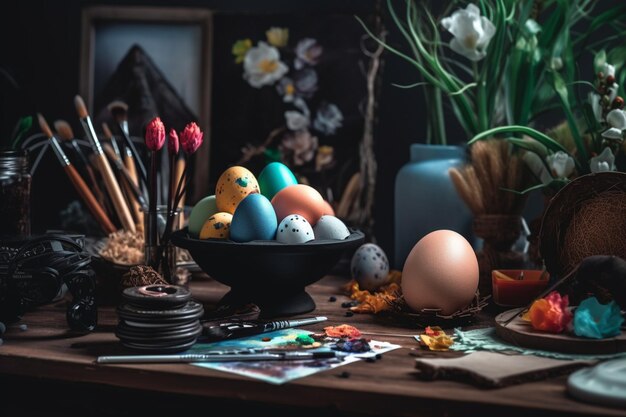 Concept de jour de pâques au bureau avec des bonbons de lapin ou des oeufs décoratifs colorés Décoration de pâques sur table