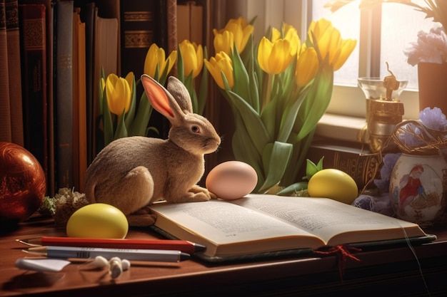 Concept de jour de pâques au bureau avec des bonbons de lapin ou des oeufs décoratifs colorés Décoration de pâques sur table