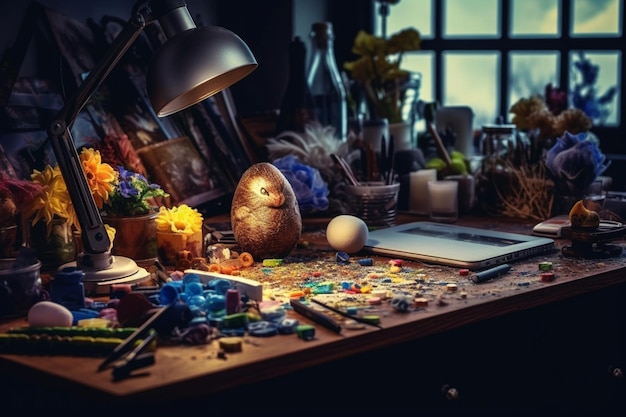 Concept de jour de pâques au bureau avec des bonbons de lapin ou des oeufs décoratifs colorés Décoration de pâques sur table