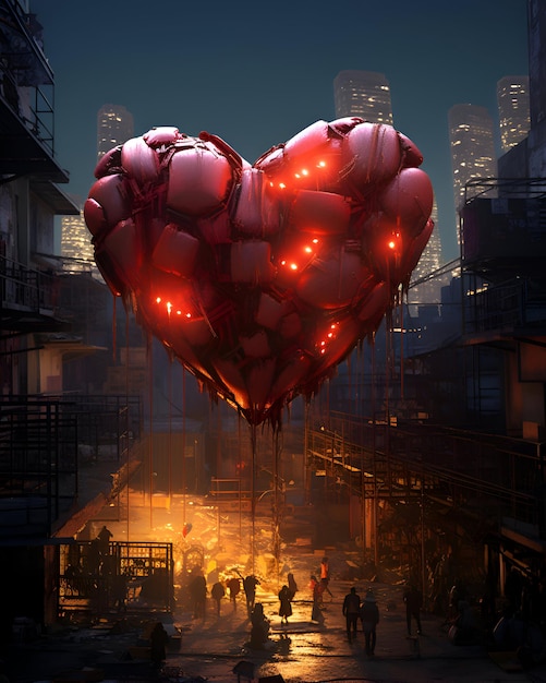 Concept de jour de la Saint-Valentin avec un ballon en forme de cœur rouge sur le fond de la ville