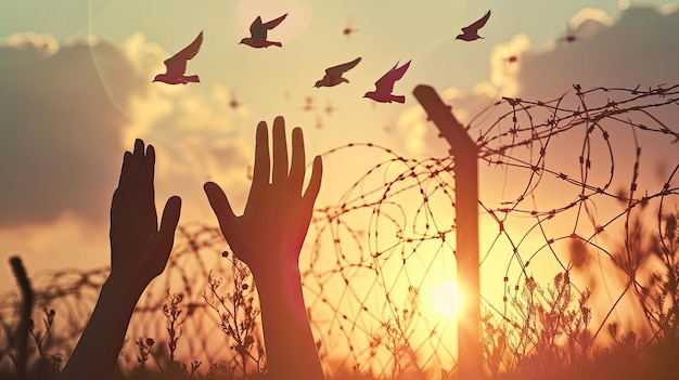 Photo concept de la journée des droits de l'homme silhouette de réfugiés levant les mains avec des oiseaux qui volent