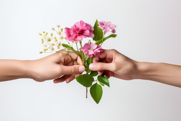 Concept de la journée de la femme avec deux mains tenant des fleurs sur fond blanc