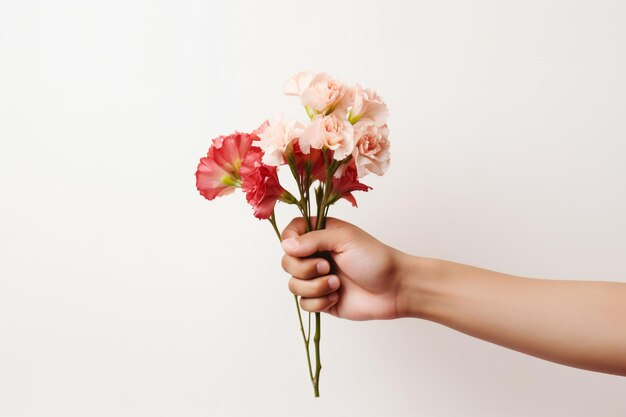 Concept de la journée de la femme avec deux mains tenant des fleurs sur fond blanc