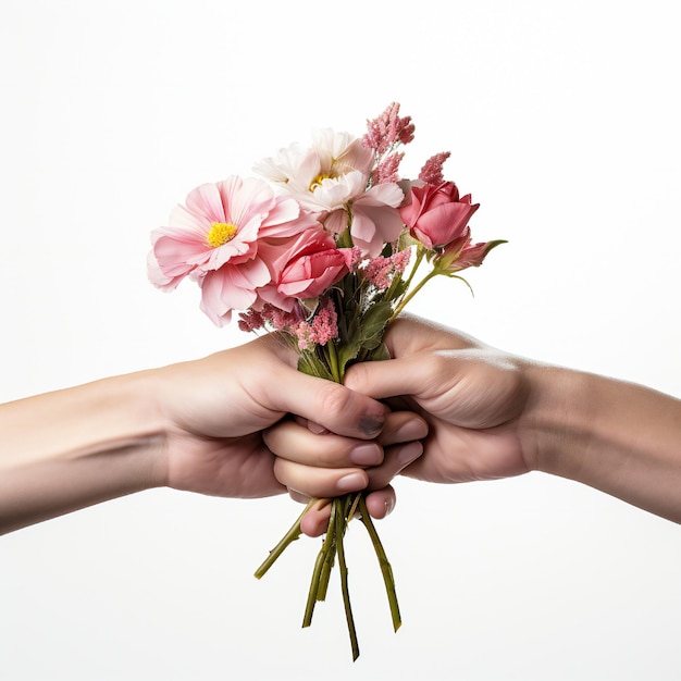 Concept de la journée de la femme avec deux mains tenant des fleurs sur fond blanc