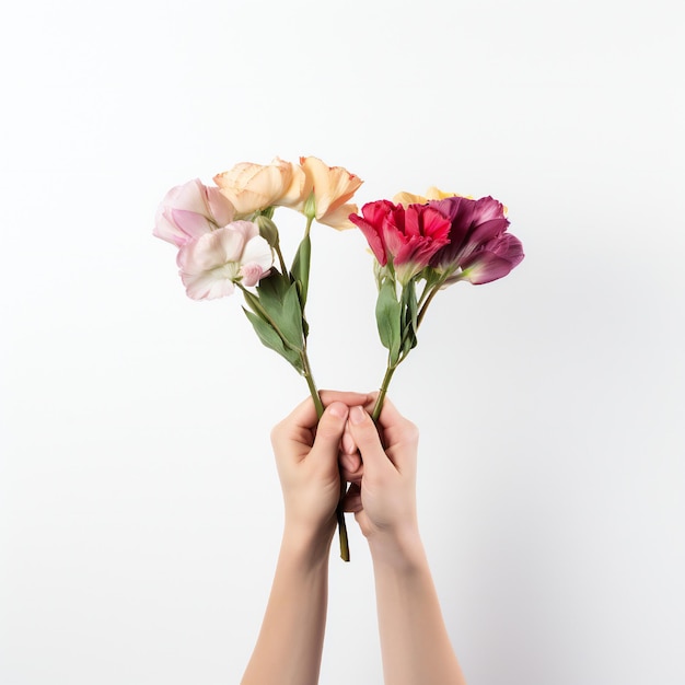 Concept de la journée de la femme avec deux mains tenant des fleurs sur fond blanc