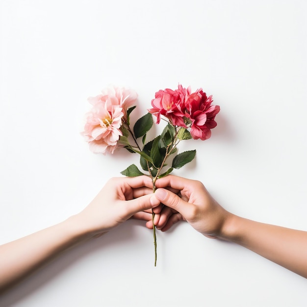 Concept de la journée de la femme avec deux mains tenant des fleurs sur fond blanc