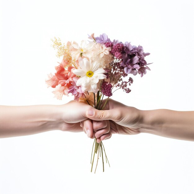 Concept de la journée de la femme avec deux mains tenant des fleurs sur fond blanc