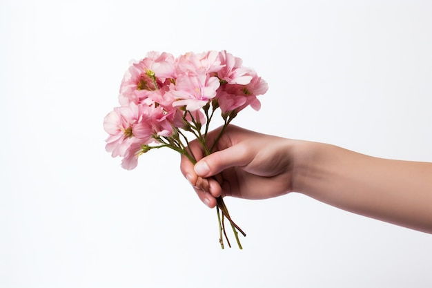 Concept de la journée de la femme avec deux mains tenant des fleurs sur fond blanc