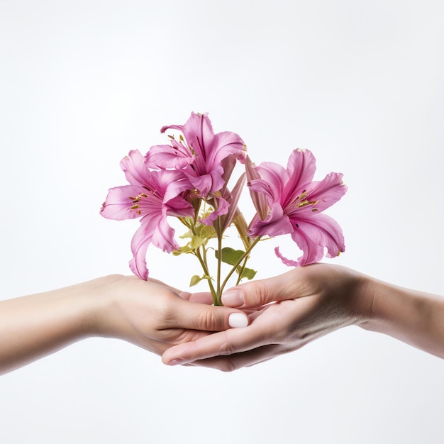 Concept de la journée de la femme avec deux mains tenant des fleurs sur fond blanc