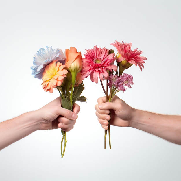 Concept de la journée de la femme avec deux mains tenant des fleurs sur fond blanc