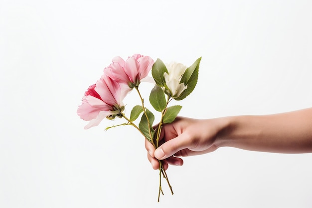 Concept de la journée de la femme avec deux mains tenant des fleurs sur fond blanc