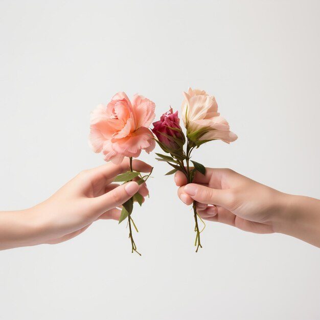 Concept de la journée de la femme avec deux mains tenant des fleurs sur fond blanc