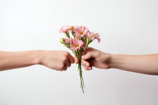 Concept de la journée de la femme avec deux mains tenant des fleurs sur fond blanc