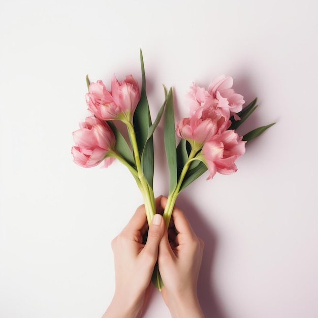 Concept de la journée de la femme avec deux mains tenant des fleurs sur fond blanc