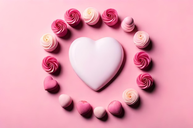 Concept de la Journée de la femme Vue de dessus photo du cercle blanc rose pivoine rose et saupoudrer en forme de coeur