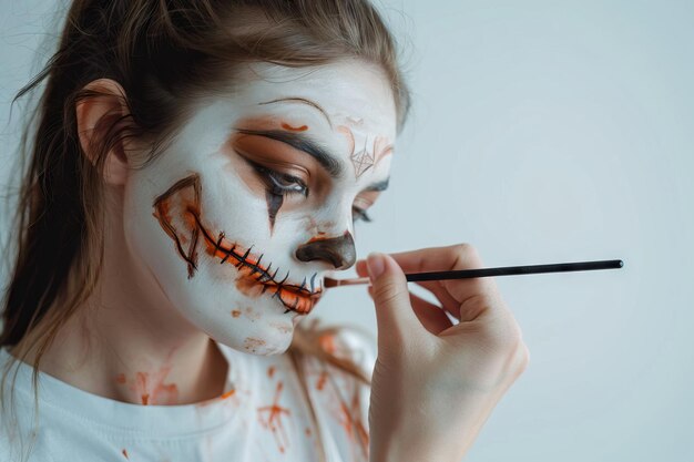 Le concept de la journée d'Halloween Une jeune femme faisant du maquillage à effets spéciaux isolée sur un fond blanc