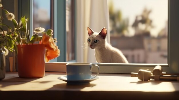 Concept de journée internationale du café avec un chat mignon