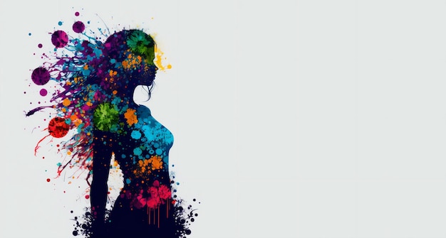Photo concept de la journée internationale de la femme du 8 mars avec silhouette de femme fleurs colorées et éclaboussures