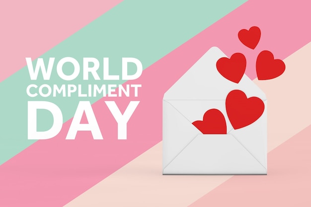 Concept de la Journée mondiale du compliment Coeurs rouges volant à partir d'une enveloppe blanche vierge et signe de la Journée mondiale du compliment sur un fond multicolore Rendu 3d