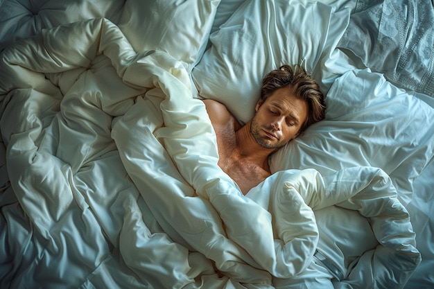 Le concept de la journée mondiale du sommeil Un homme dort sur le lit Une IA photoréaliste générée