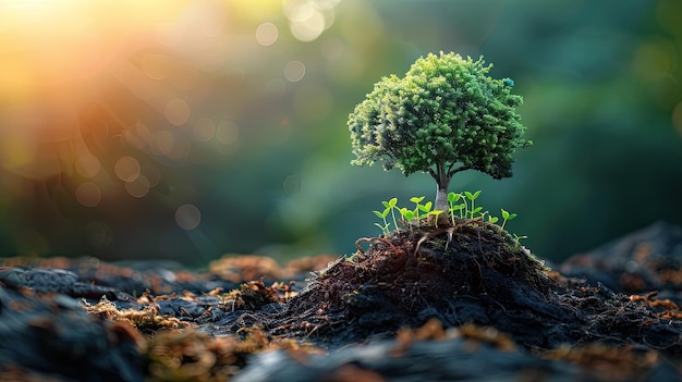 Concept de la journée mondiale de l'environnement Jour de la Terre des arbres qui poussent des semis Petits arbres aux feuilles vertes croissance naturelle et lumière du soleil le concept de l'agriculture et de la croissance végétale durable