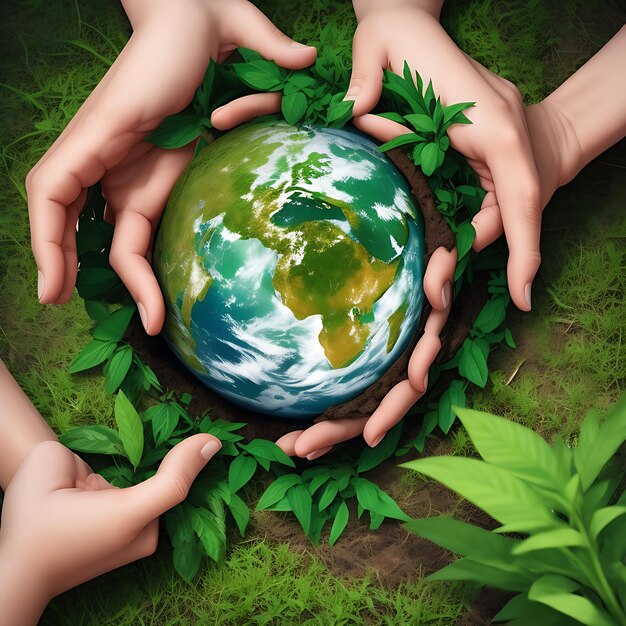 Le concept de la journée mondiale de l'environnement avec la plantation d'arbres et la terre verte sur les mains bénévoles pour ecologica
