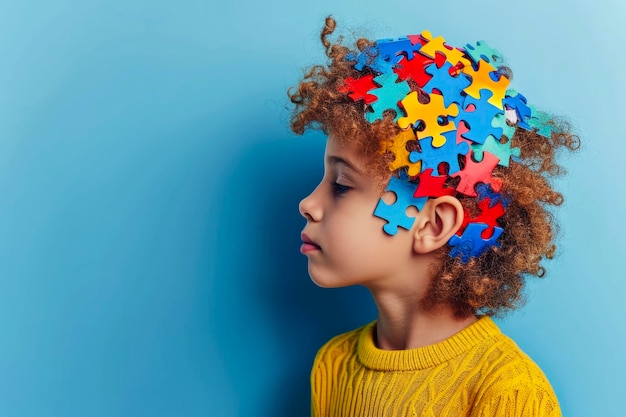 Photo concept de la journée mondiale de sensibilisation à l'autisme tête d'enfant avec des pièces de puzzle colorées sur un fond bleu clair