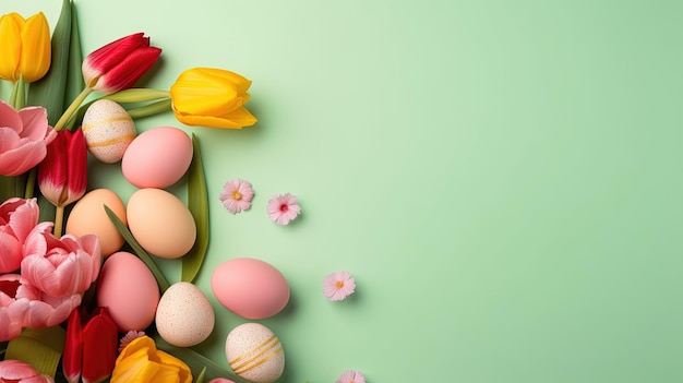 Concept de Joyeuses Pâques avec des tulipes et des oeufs décoratifs