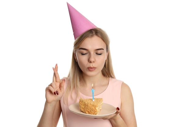 Concept de joyeux anniversaire avec jeune fille isolée sur fond blanc