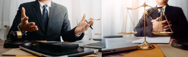 Concept de justice et de droitJuge masculin dans une salle d'audience sur une table en bois et conseiller ou avocat masculin travaillant au bureau Conseil juridique et concept de justice