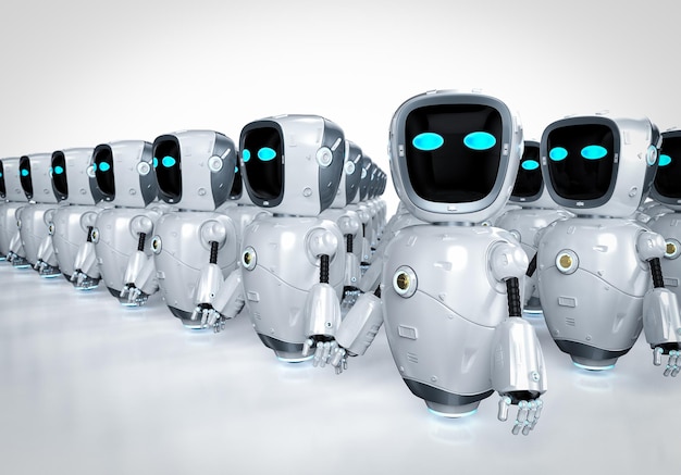 Concept de leadership avec robot assistant de rendu 3D debout dans une rangée
