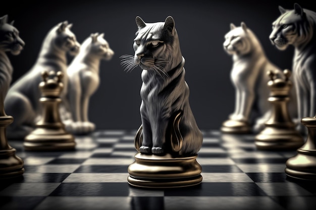 Concept de leadership stratégique avec Royal Cat King Chess Pieces sur Chessboard Generative Ai