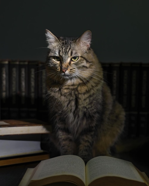 Le concept de la lecture Journée mondiale du livre Chat avec des livres autour de lui faisant semblant de lire