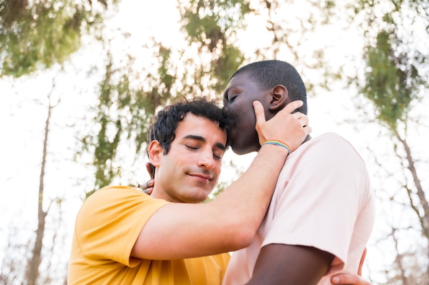 Concept lgbt couple d'hommes multiethniques dans un parc s'embrassant sur le front pose romantique