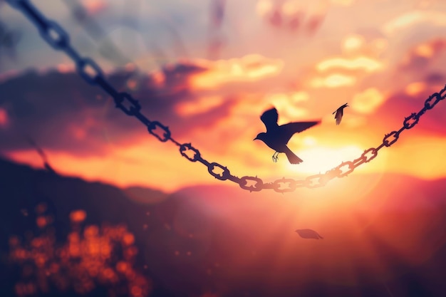 Concept de liberté Silhouette d'oiseau volant et de chaînes cassées au fond du coucher de soleil de la montagne d'automne