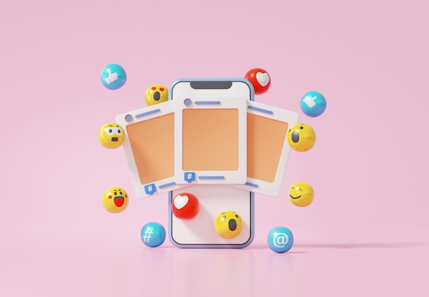 Concept en ligne de médias sociaux avec cadre photo show et emoji comme commentaire flottant sur fond rose avec plate-forme de marketing numérique via illustration de rendu 3d de style minimal de dessin animé mobile