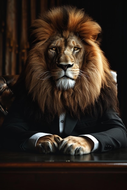 le concept d'un lion en costume à un bureau dans le bureau
