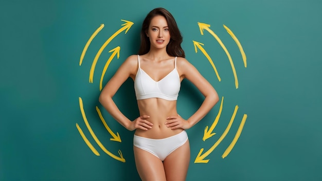 Le concept de liposuccion est décrit par des flèches autour d'un corps féminin mince en sous-vêtements blancs.