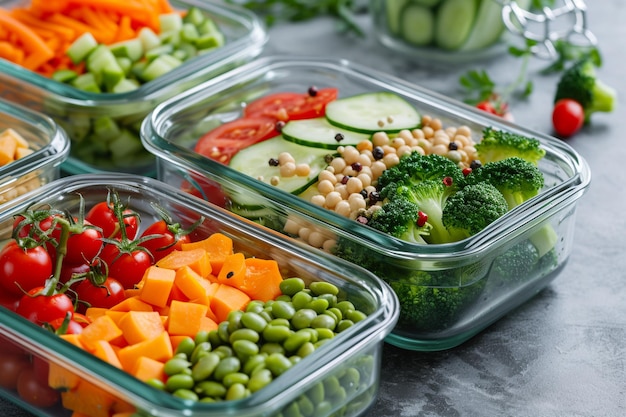 Concept de livraison d'aliments sains Salades de légumes dans des récipients en plastique générés par l'IA