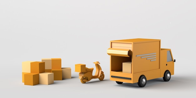 Concept de livraison avec camion et moto. Logistique. Espace de copie. illustration 3D.