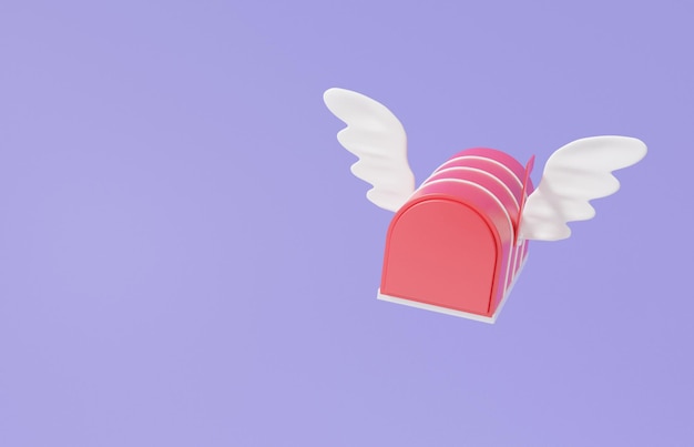 Concept De Livraison De Documents De Courrier Boîte Aux Lettres D'aile De Mouche Rouge Flottant Sur Fond Violet Boîte Aux Lettres Rétro Minimal Dessin Animé Bureau De Poste Bannière Site Web Enveloppe Copie Espace Illustration De Rendu 3d